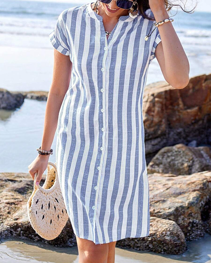 MaisonNox® | Gestreepte Hemdress met Flatterende Snit en Natuurlijke Dagstijl