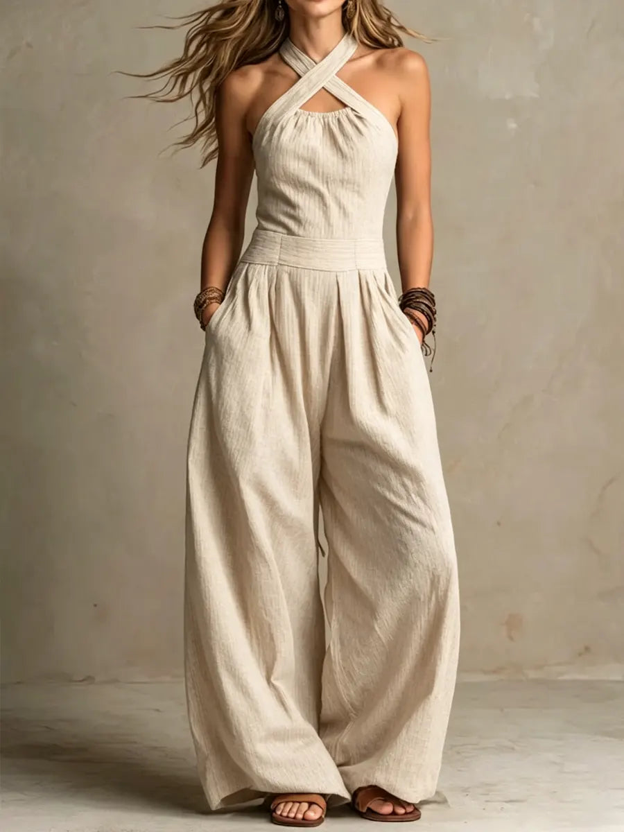 maisonnox® | Eendelige linnen-katoenen jumpsuit met elegante overslaghalslijn.