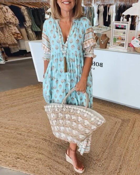 MaisonNox® | Midi Jurk met V-hals en Elegante Ballonmouwen