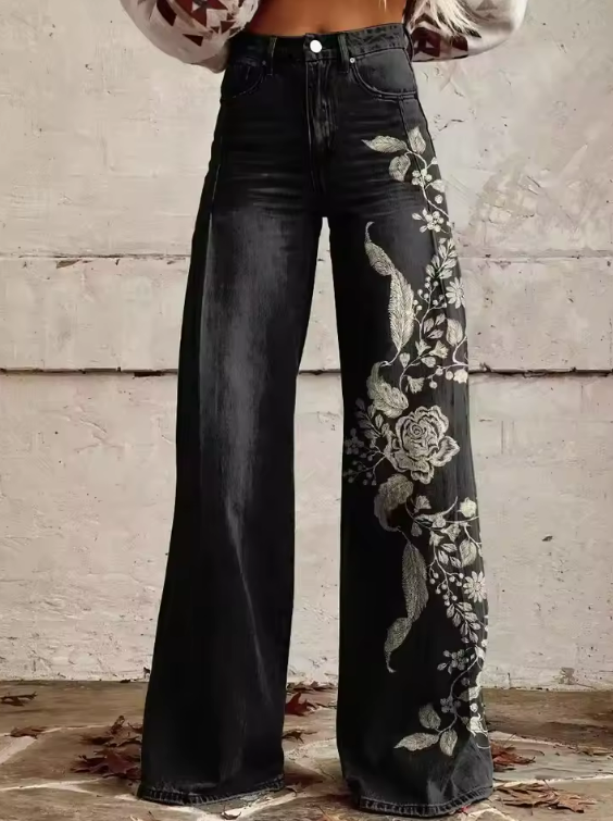 MaisonNox® | Vintage Zwarte Bloemen Chique Broek