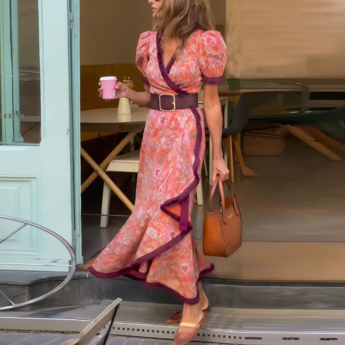 maisonnox® | Elegante Roze Maxi Dress met Korte Mouwen