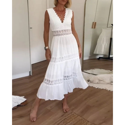 MaisonNox® | Mouwloze Midi Jurk met V-hals en Delicate Kantdetails