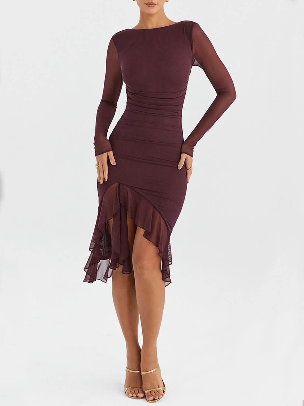 MaisonNox® | Midi-jurk met bordeaux volant