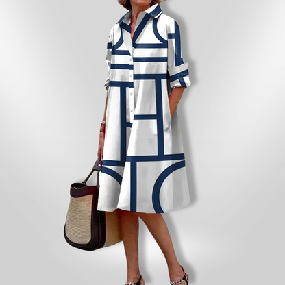 MaisonNox® | Midi Hemdress met Flatterende Snit en Moderne Geometrische Print