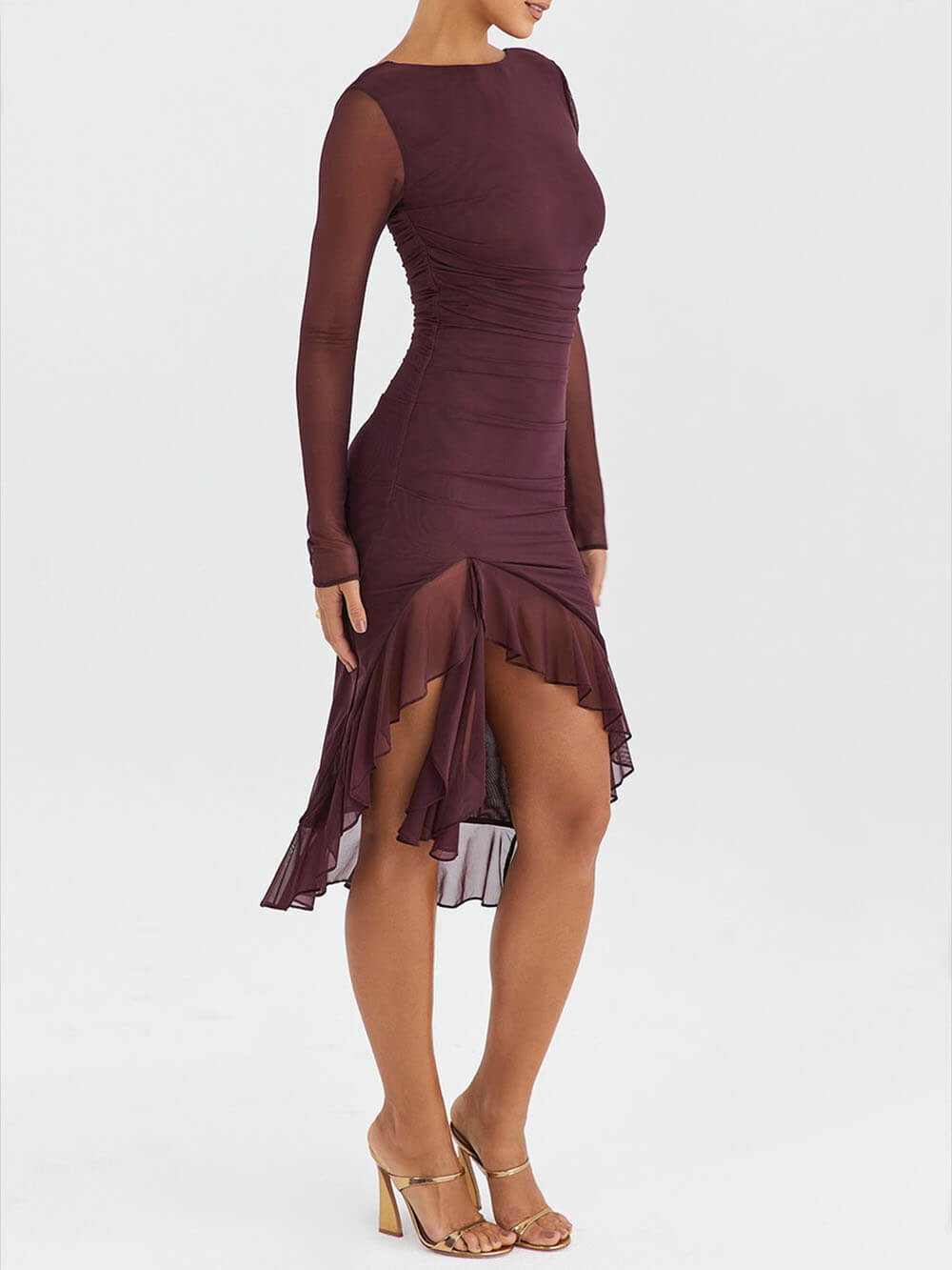 MaisonNox® | Midi-jurk met bordeaux volant