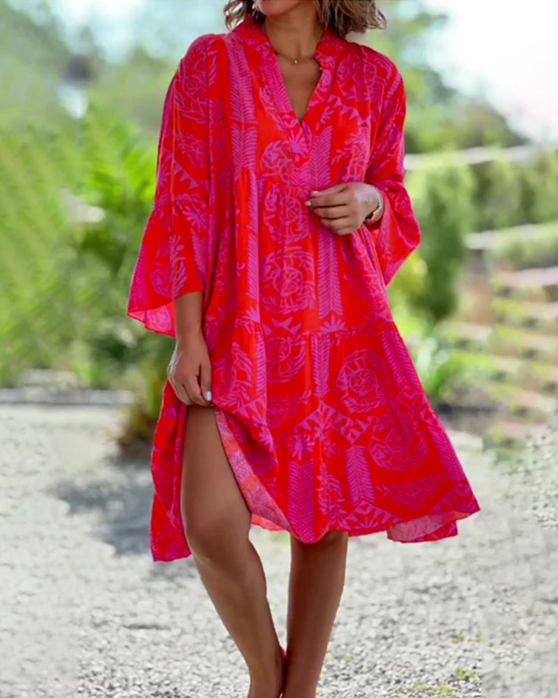 MaisonNox® | Lange Jurk met Boho Print en 3/4 Mouwen met Klok