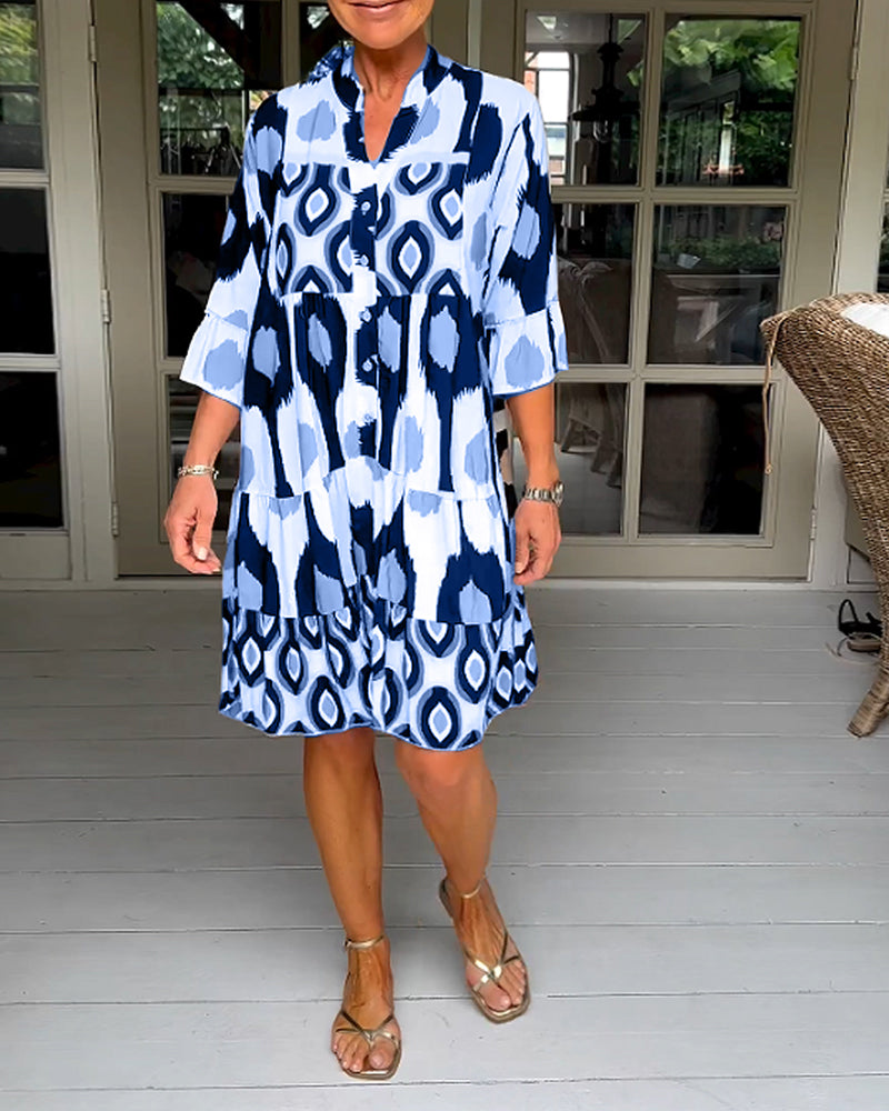 MaisonNox® | Geprinte Jurk met 3/4 Mouwen en A-Lijn Snit voor een Elegante en Ontspannen Look