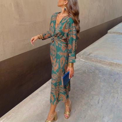 maisonnox® – Elegante midi-jurk met knoop in de taille en artistieke print