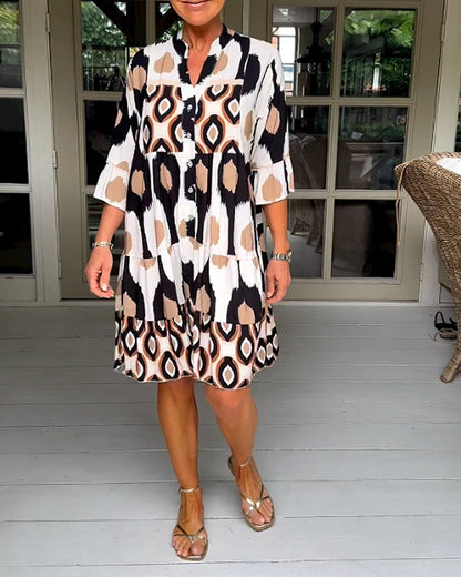 MaisonNox® | Geprinte Jurk met 3/4 Mouwen en A-Lijn Snit voor een Elegante en Ontspannen Look