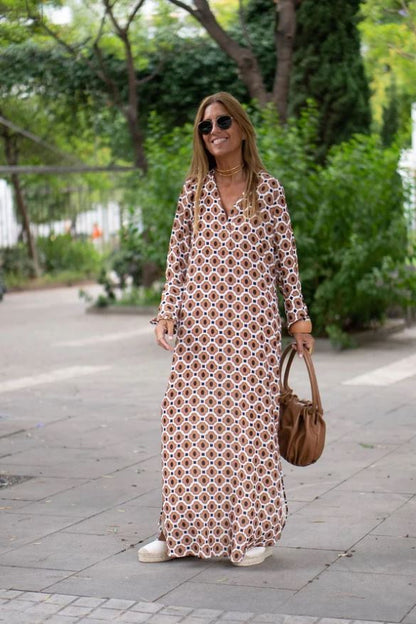 MaisonNox® | Lange Jurk met Geometrische Print en Elegante Snit voor Elke Gelegenheid