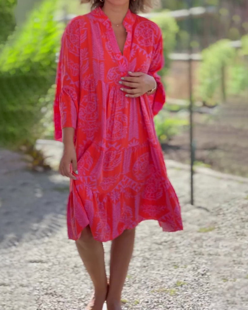 MaisonNox® | Lange Jurk met Boho Print en 3/4 Mouwen met Klok
