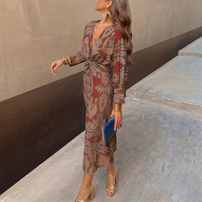 maisonnox® – Elegante midi-jurk met knoop in de taille en artistieke print