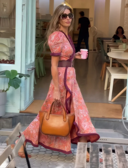 maisonnox® | Elegante Roze Maxi Dress met Korte Mouwen