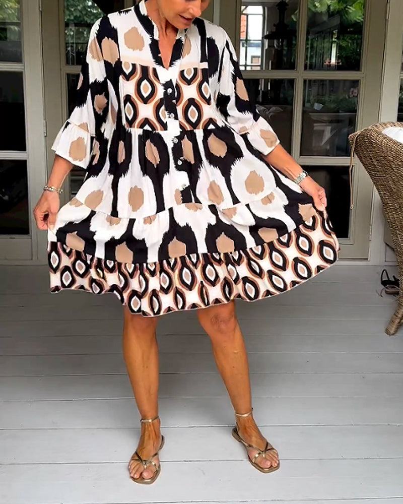 MaisonNox® | Geprinte Jurk met 3/4 Mouwen en A-Lijn Snit voor een Elegante en Ontspannen Look