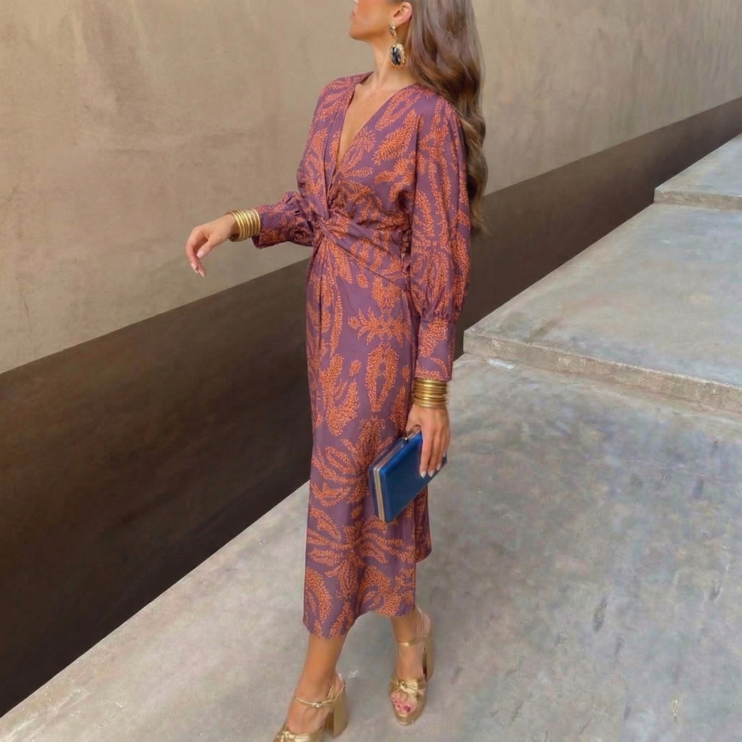 maisonnox® – Elegante midi-jurk met knoop in de taille en artistieke print