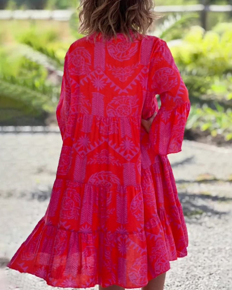 MaisonNox® | Lange Jurk met Boho Print en 3/4 Mouwen met Klok