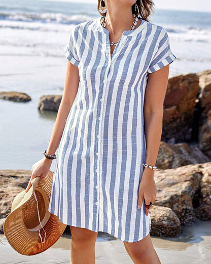 MaisonNox® | Gestreepte Hemdress met Flatterende Snit en Natuurlijke Dagstijl