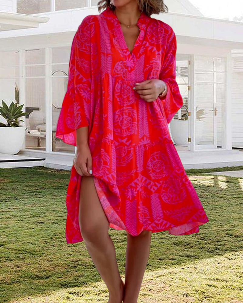 MaisonNox® | Lange Jurk met Boho Print en 3/4 Mouwen met Klok