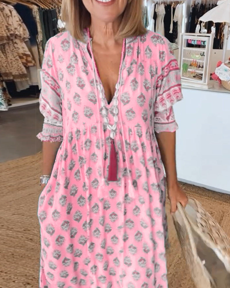 MaisonNox® | Midi Jurk met V-hals en Elegante Ballonmouwen