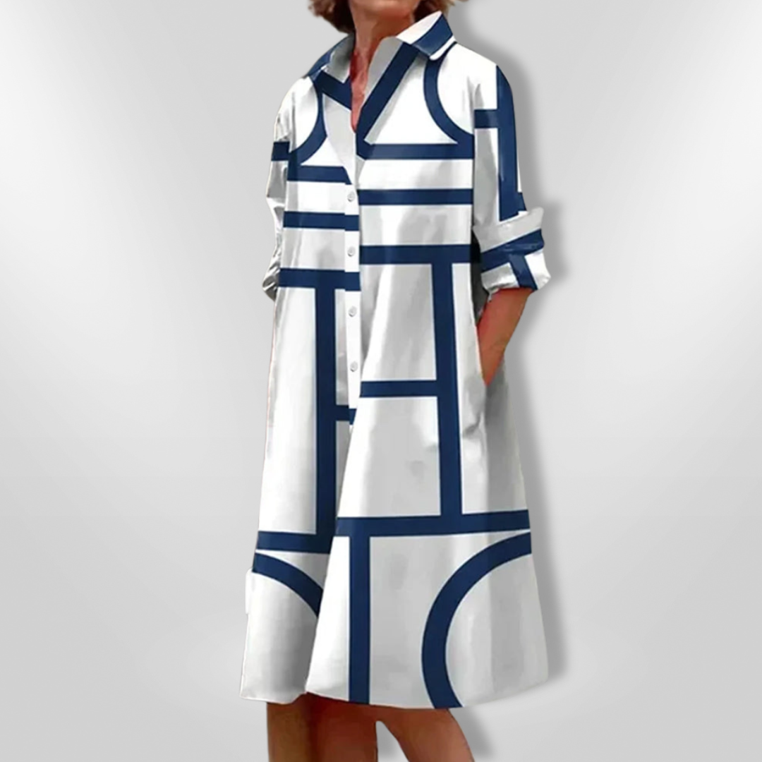 MaisonNox® | Midi Hemdress met Flatterende Snit en Moderne Geometrische Print