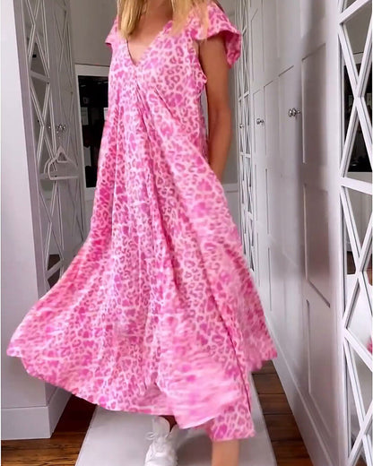 MaisonNox® | Lange Geprinte Jurk met V-hals en Korte Mouwen voor een Boho Zomerse Look