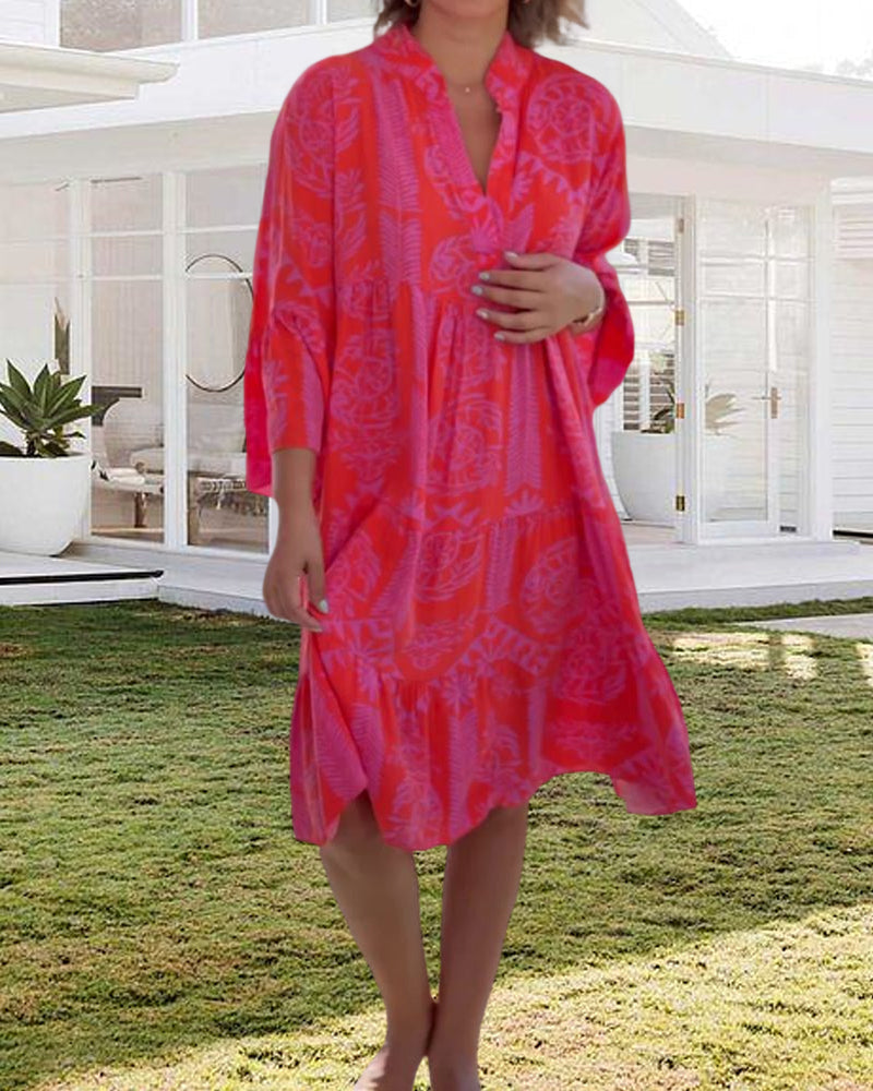 MaisonNox® | Lange Jurk met Boho Print en 3/4 Mouwen met Klok