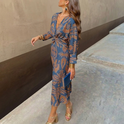 maisonnox® – Elegante midi-jurk met knoop in de taille en artistieke print
