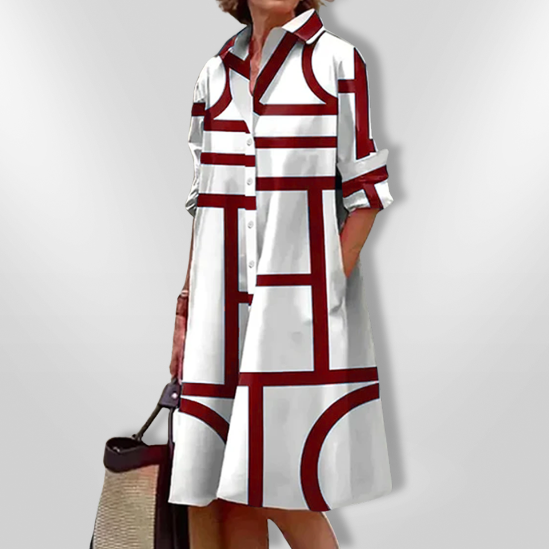MaisonNox® | Midi Hemdress met Flatterende Snit en Moderne Geometrische Print