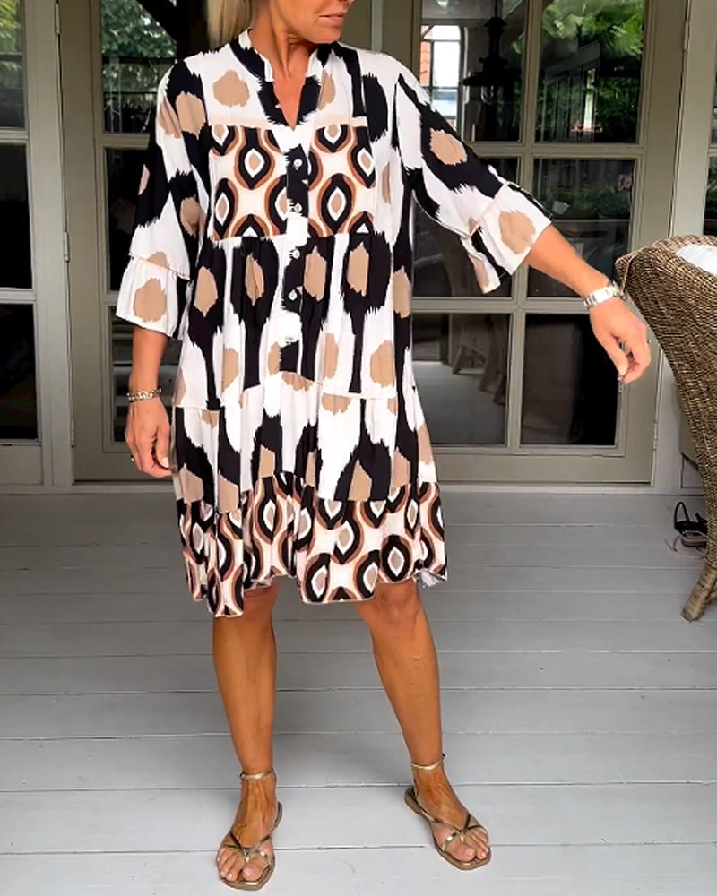 MaisonNox® | Geprinte Jurk met 3/4 Mouwen en A-Lijn Snit voor een Elegante en Ontspannen Look