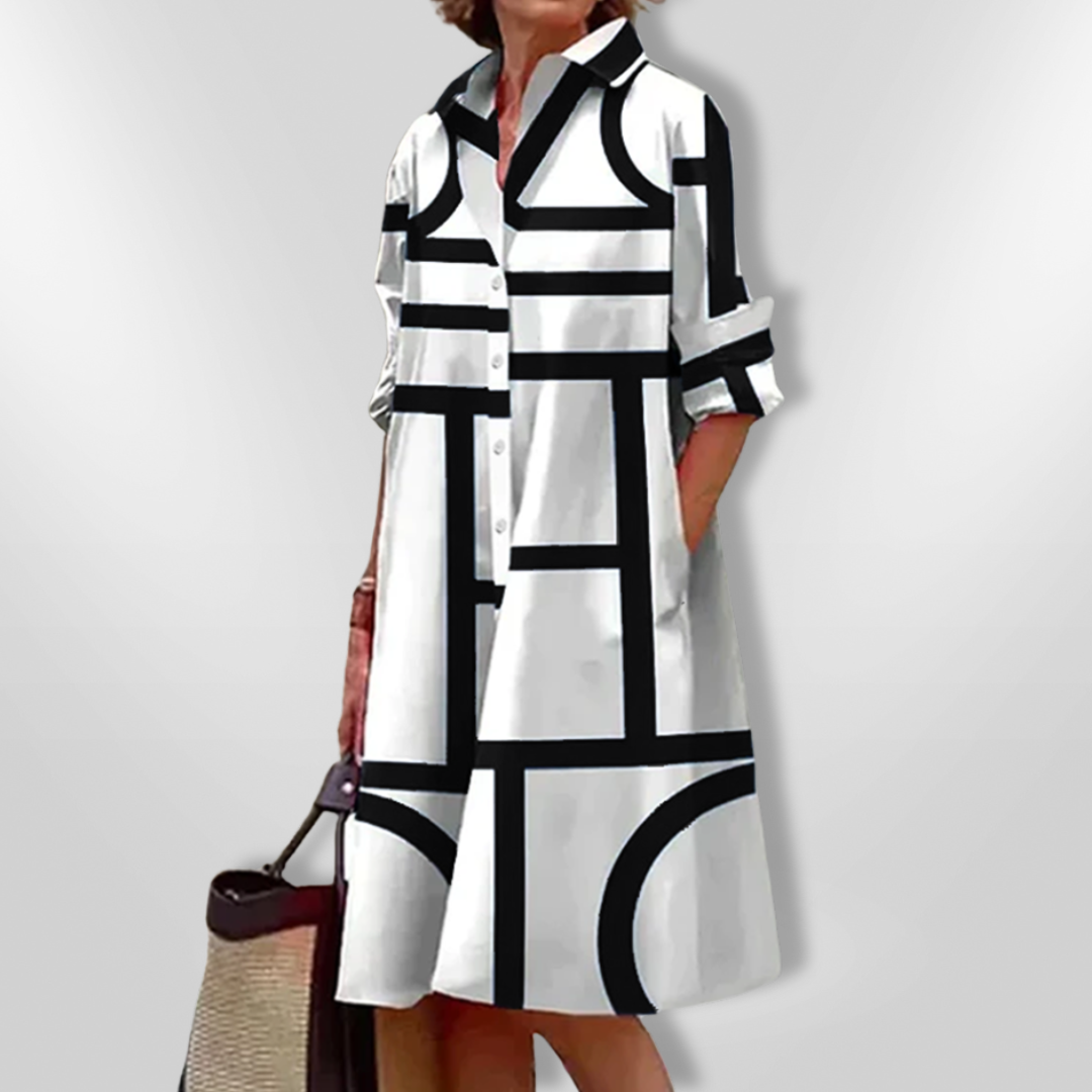 MaisonNox® | Midi Hemdress met Flatterende Snit en Moderne Geometrische Print