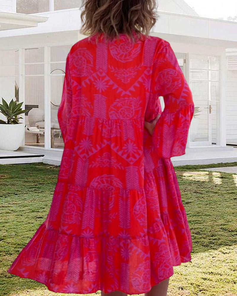 MaisonNox® | Lange Jurk met Boho Print en 3/4 Mouwen met Klok