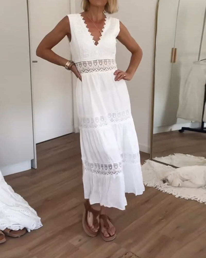 MaisonNox® | Mouwloze Midi Jurk met V-hals en Delicate Kantdetails