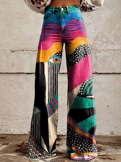 MaisonNox® | Boho Flared Broek met Hoge Taille en Artistieke Festivallook