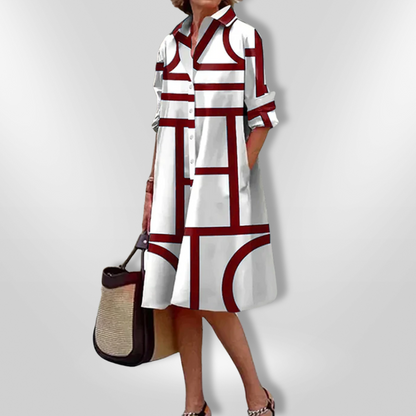 MaisonNox® | Midi Hemdress met Flatterende Snit en Moderne Geometrische Print