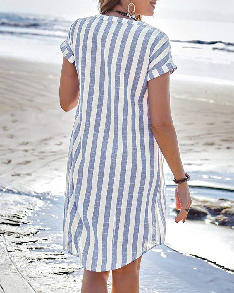 MaisonNox® | Gestreepte Hemdress met Flatterende Snit en Natuurlijke Dagstijl