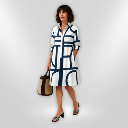 MaisonNox® | Midi Hemdress met Flatterende Snit en Moderne Geometrische Print