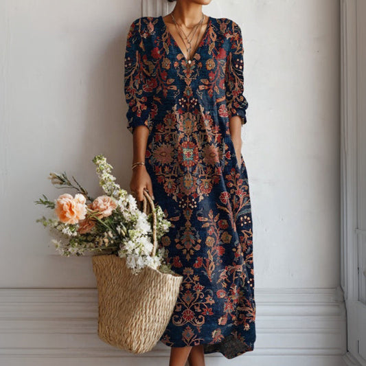 maisonnox® Lange mouwen Jurk in vintage etnische stijl