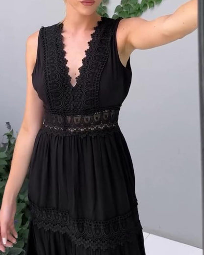 MaisonNox® | Mouwloze Midi Jurk met V-hals en Delicate Kantdetails
