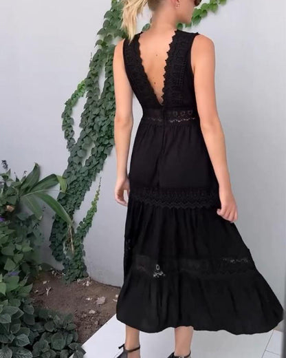 MaisonNox® | Mouwloze Midi Jurk met V-hals en Delicate Kantdetails
