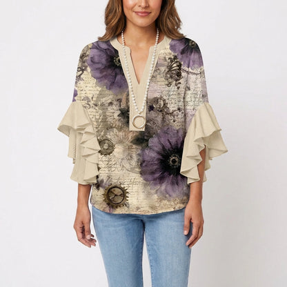 maisonnox® | Katoenen Blouse met Barokke Bloemenprint en V-Hals