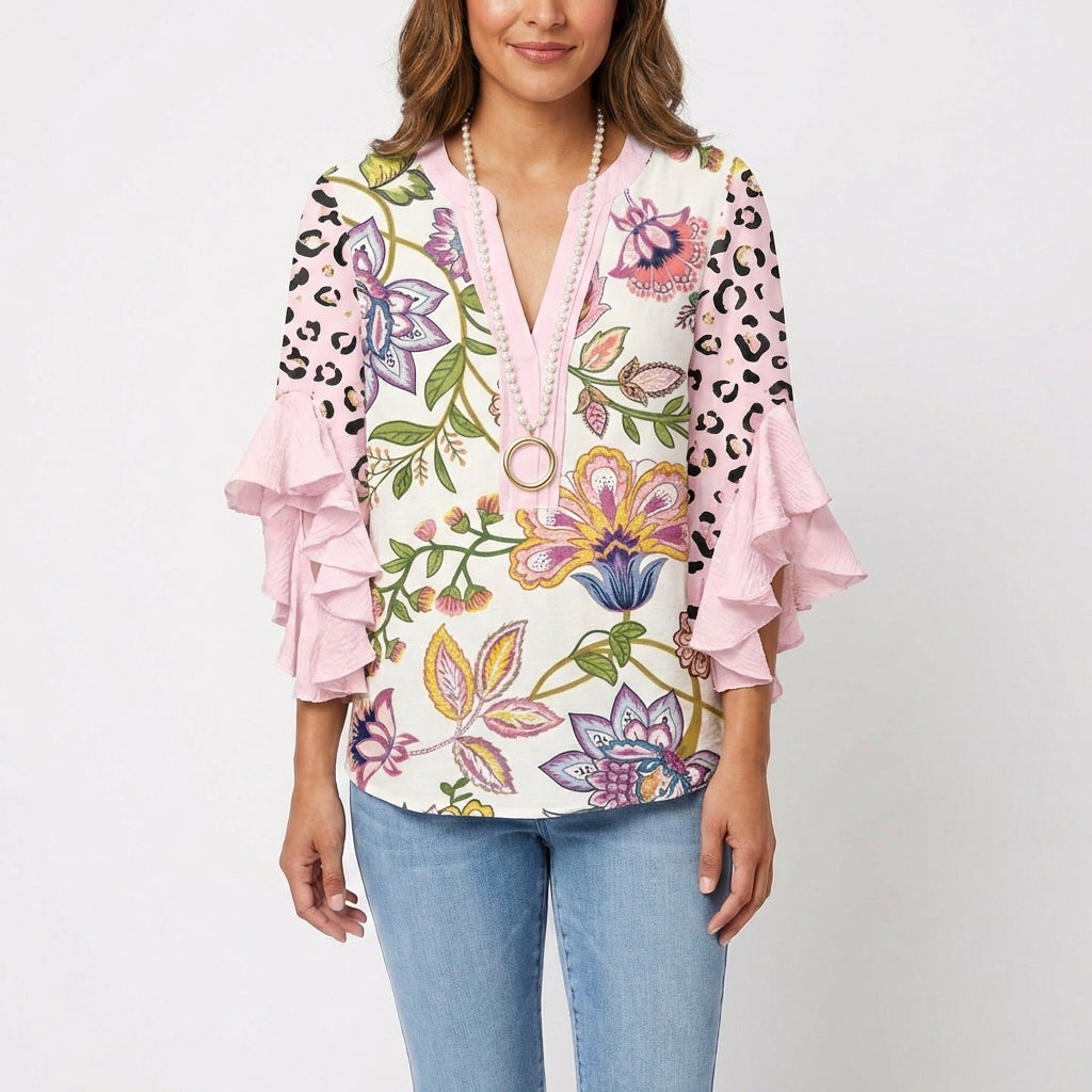 maisonnox® | Katoenen Blouse met Barokke Bloemenprint en V-Hals