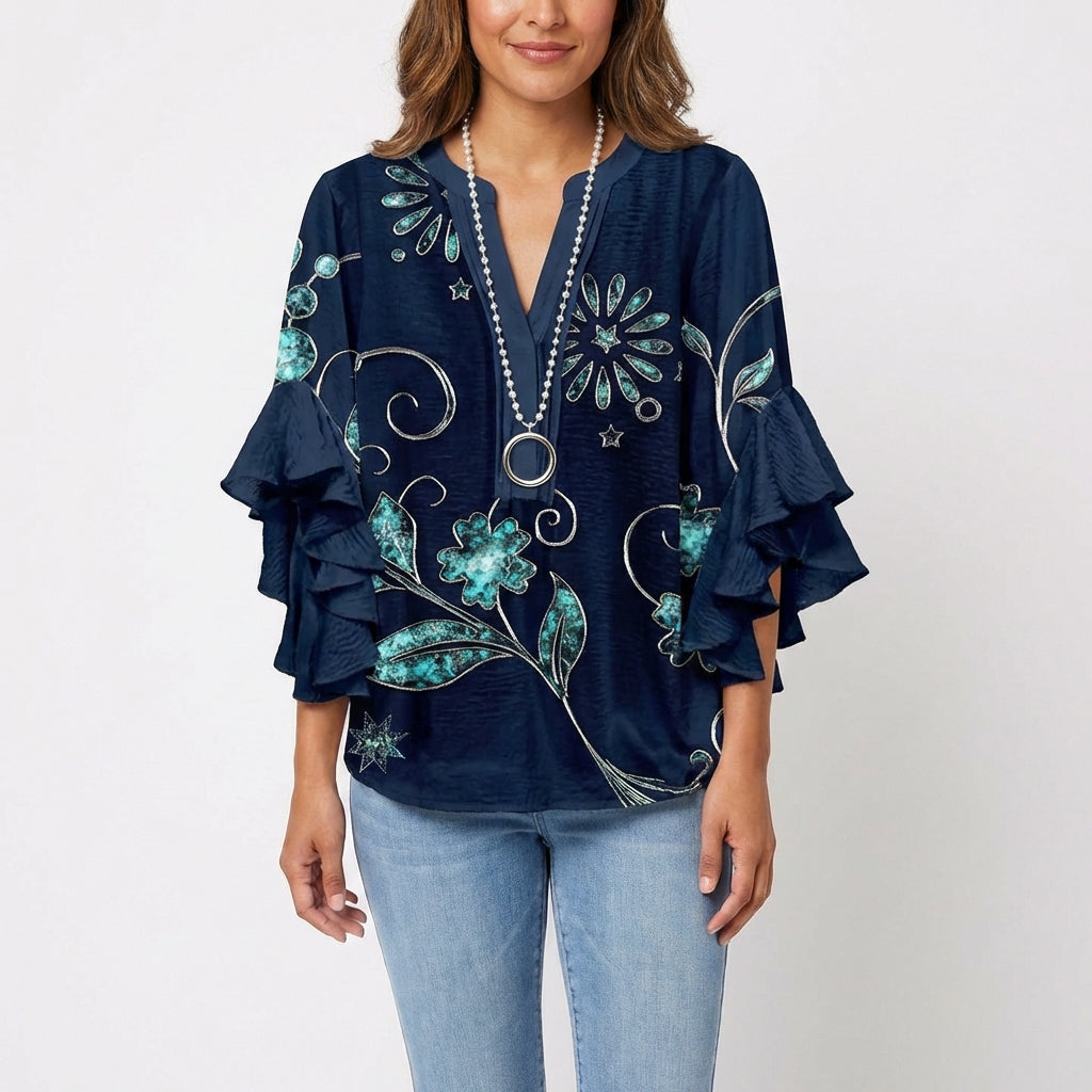 maisonnox® | Katoenen Blouse met Barokke Bloemenprint en V-Hals
