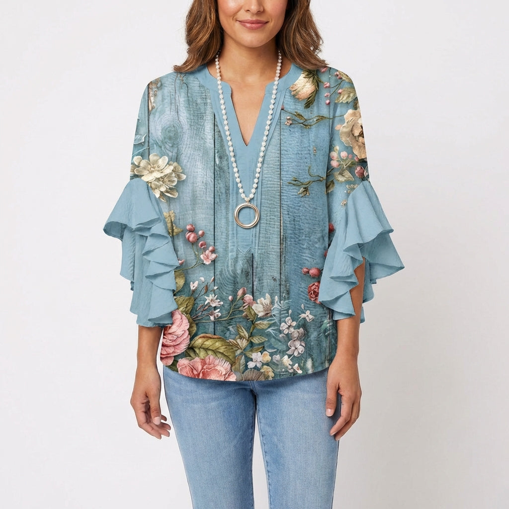 maisonnox® | Katoenen Blouse met Barokke Bloemenprint en V-Hals