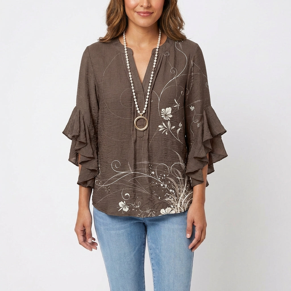 maisonnox® | Katoenen Blouse met Barokke Bloemenprint en V-Hals