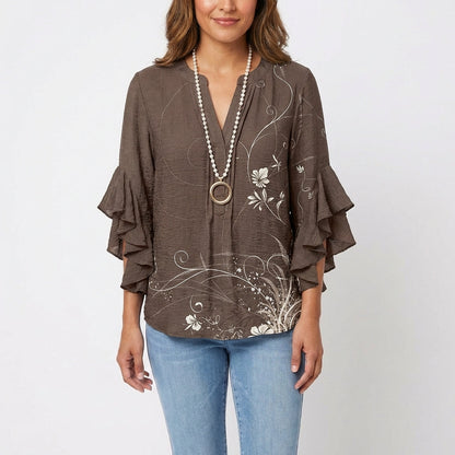 maisonnox® | Katoenen Blouse met Barokke Bloemenprint en V-Hals