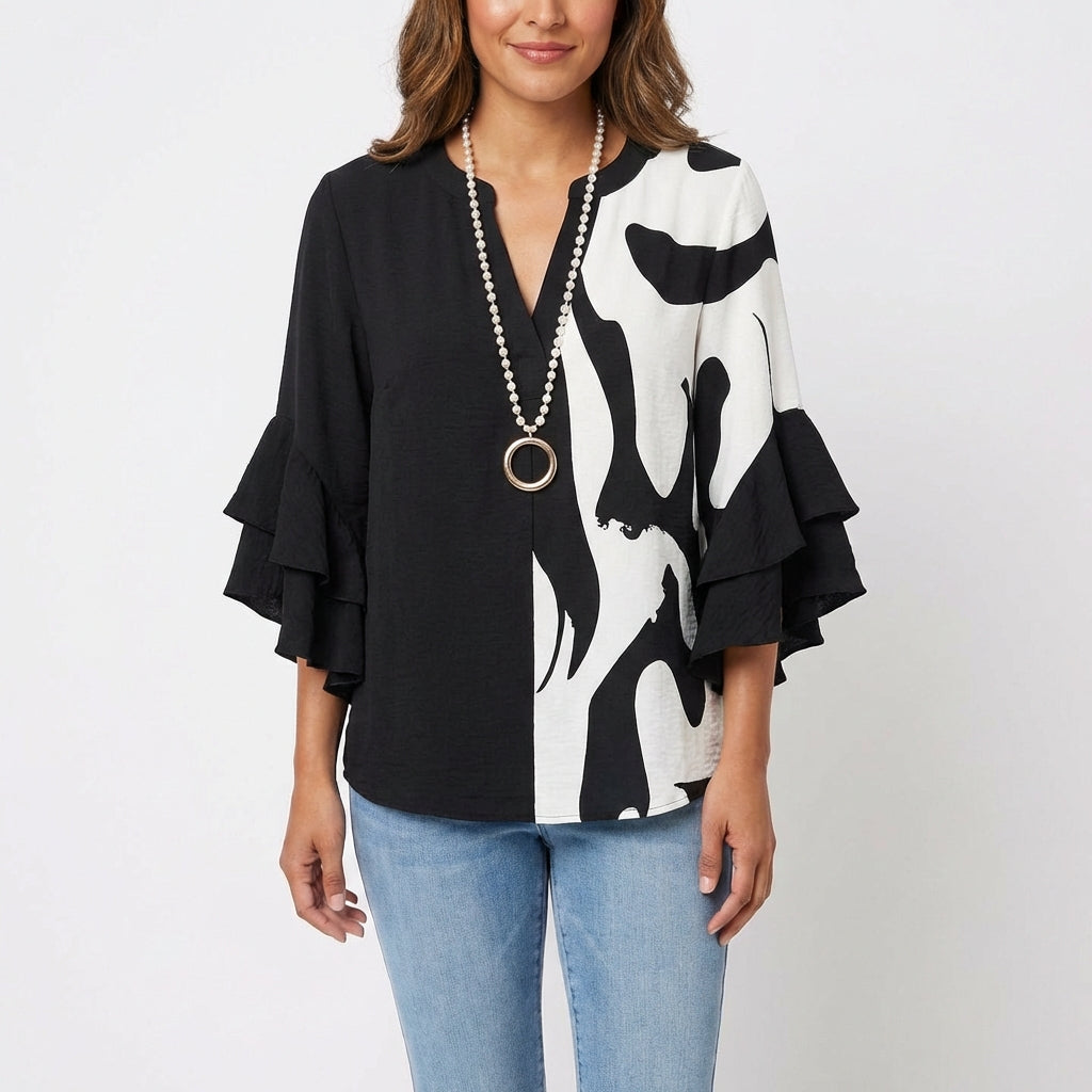 maisonnox® | Katoenen Blouse met Barokke Bloemenprint en V-Hals