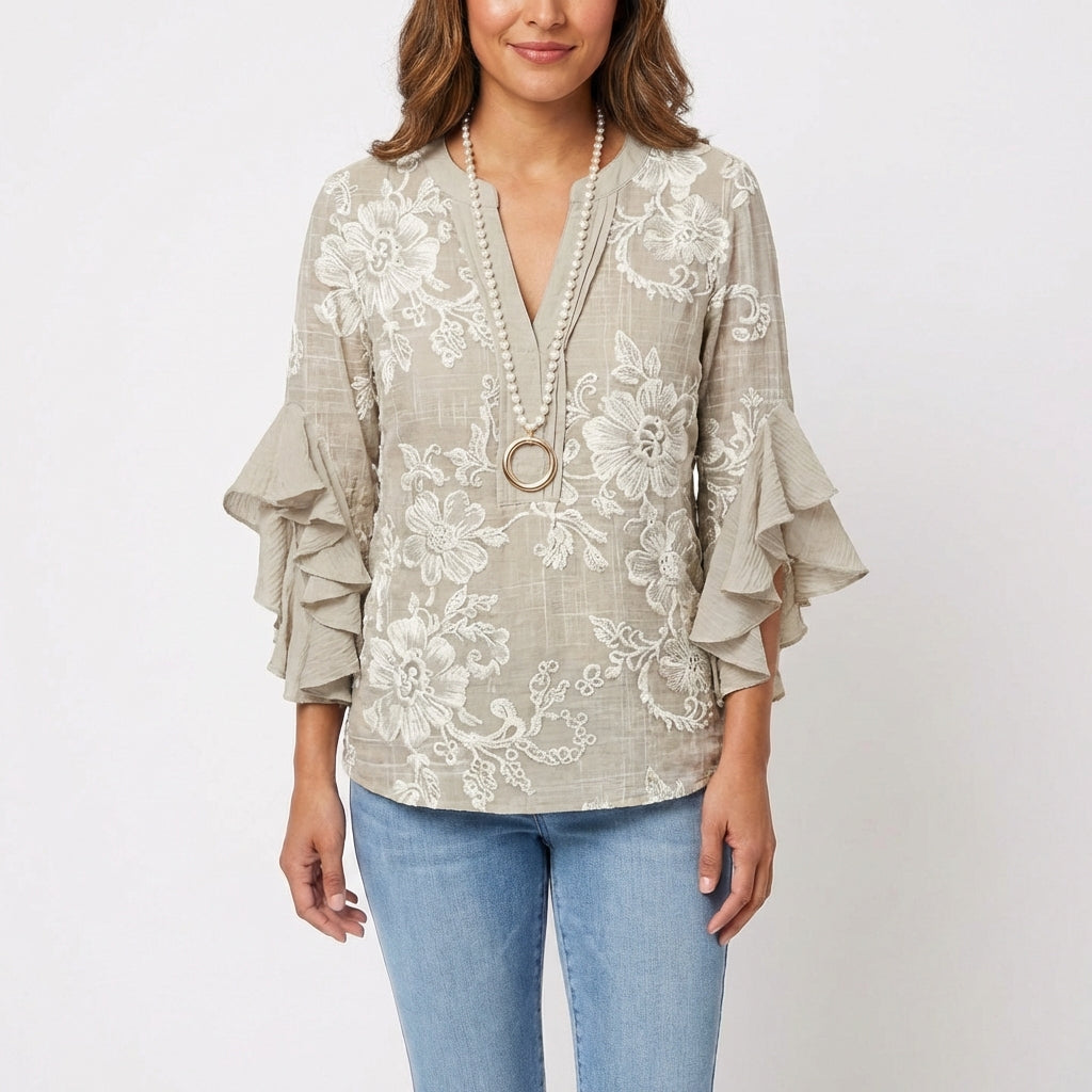 maisonnox® | Katoenen Blouse met Barokke Bloemenprint en V-Hals