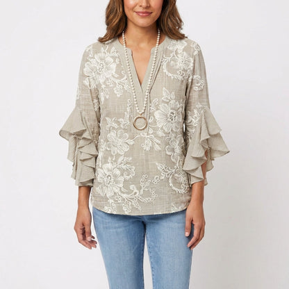 maisonnox® | Katoenen Blouse met Barokke Bloemenprint en V-Hals