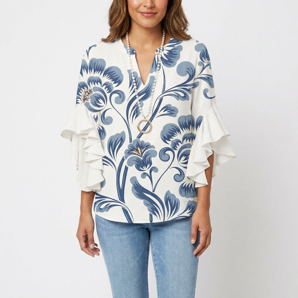 maisonnox® | Katoenen Blouse met Barokke Bloemenprint en V-Hals