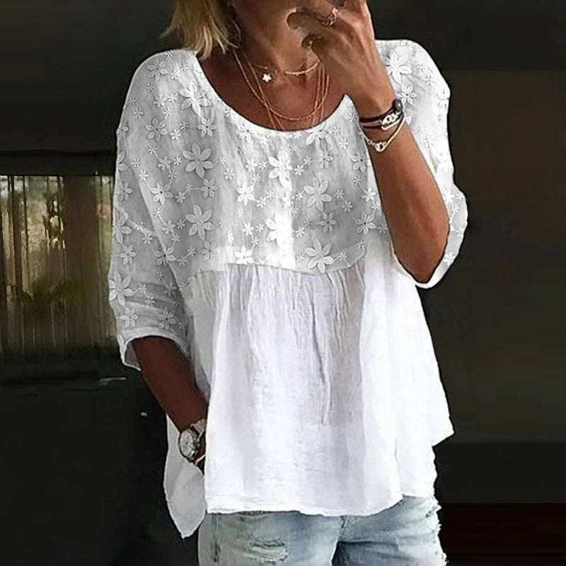 maisonnox® | Patchwork blouse met geborduurde bloemen